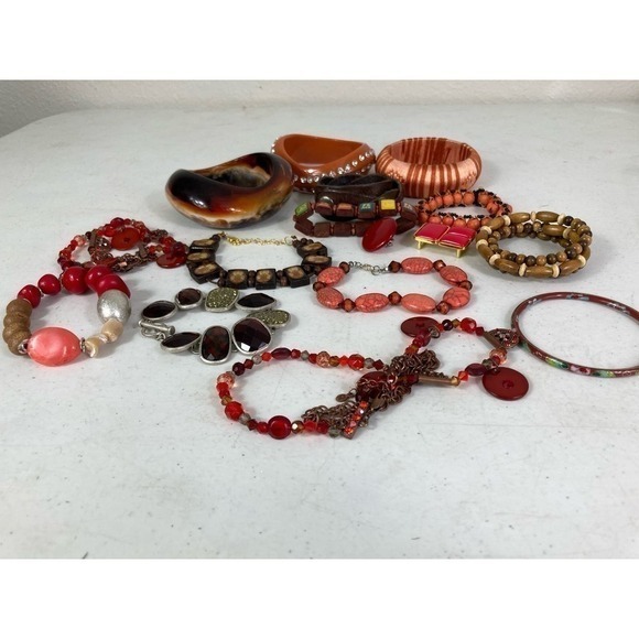 Boho Red Brown Orange Jewelry Lot Bracelets Bangles Necklaces Chunky Mixed Set - Picture 11 of 12